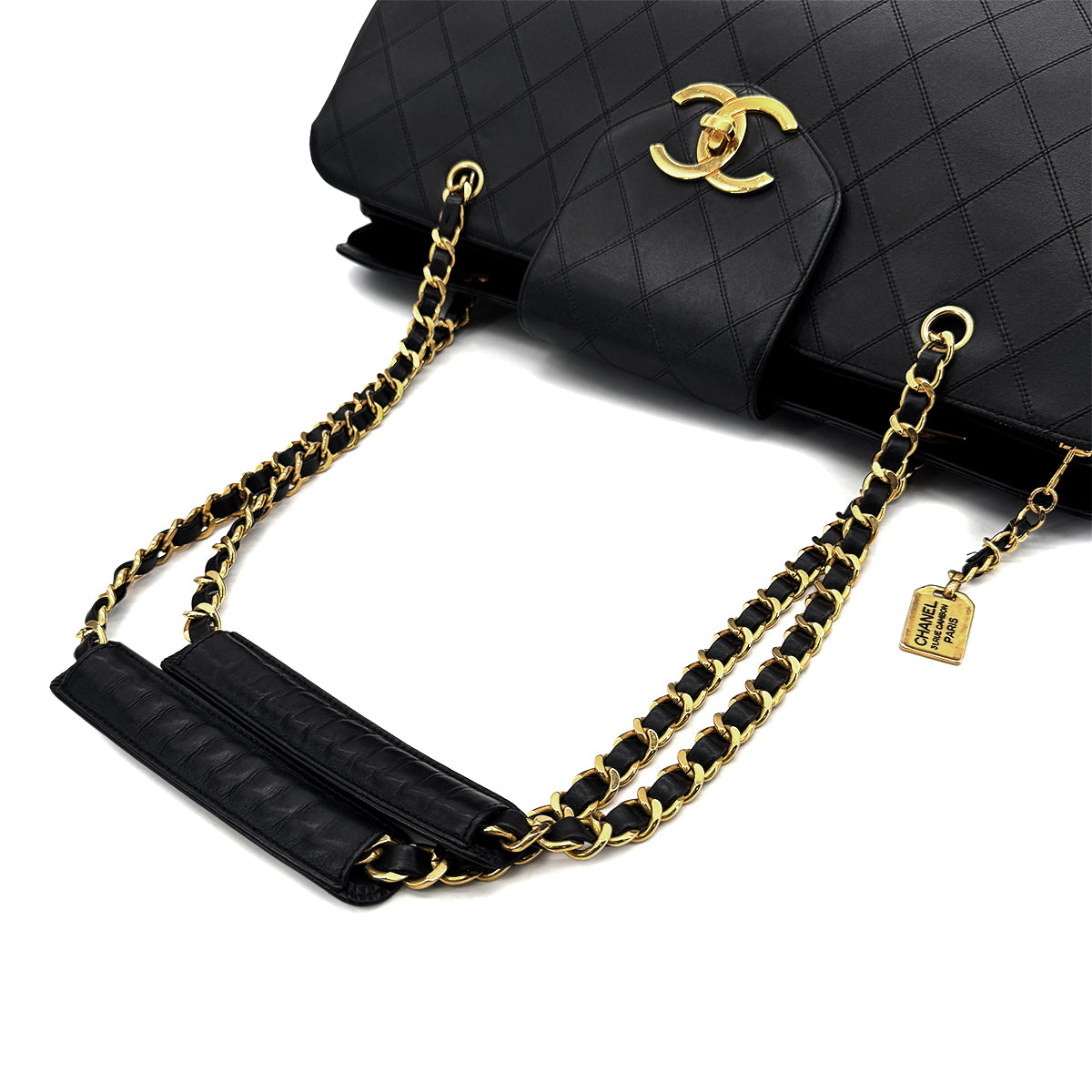 CHANEL VINTAGE SUPER MODEL BICOLORE CHAIN TOTE BAG BLACK LEATHER 90296729
