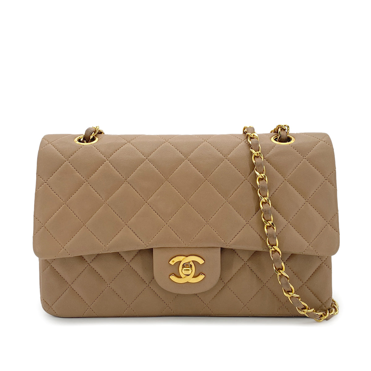 CHANEL VINTAGE CLASSIC FLAP MEDIUM CHAIN SHOULDER BAG BEIGE LAMB SKIN 90296731