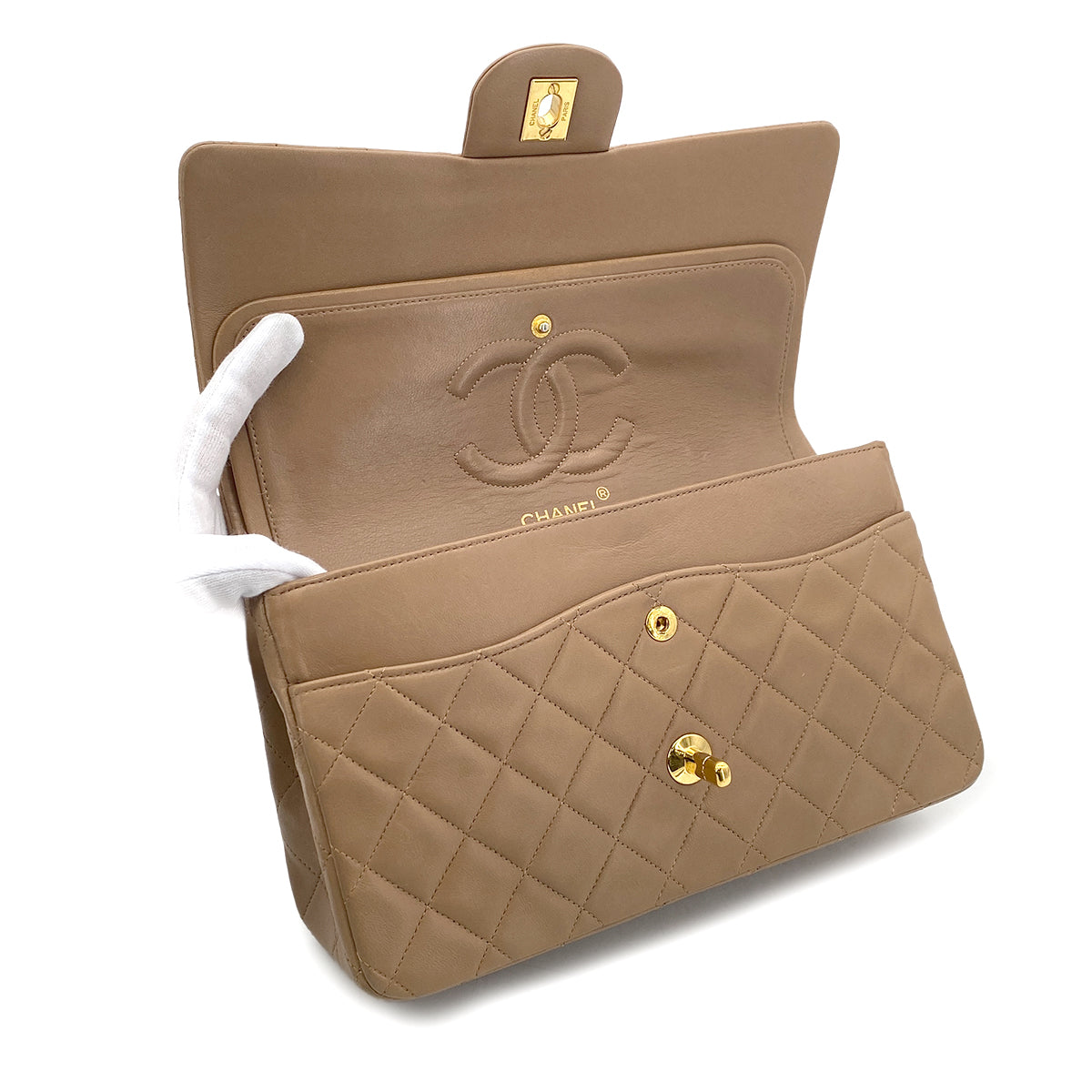 CHANEL VINTAGE CLASSIC FLAP MEDIUM CHAIN SHOULDER BAG BEIGE LAMB SKIN 90296731