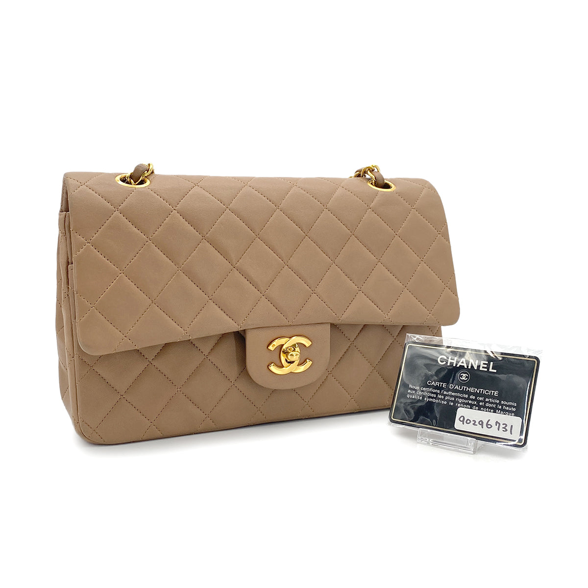 CHANEL VINTAGE CLASSIC FLAP MEDIUM CHAIN SHOULDER BAG BEIGE LAMB SKIN 90296731