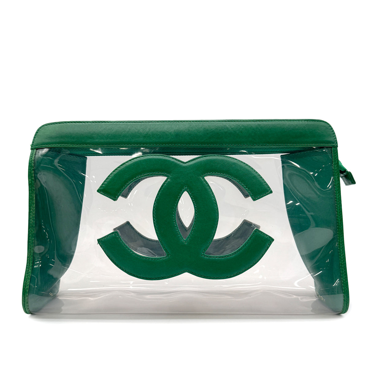 CHANEL VINTAGE BIG COCO CLEAR CLUTCH BAG POUCH GREEN VINYL LAMB SKIN 90296732