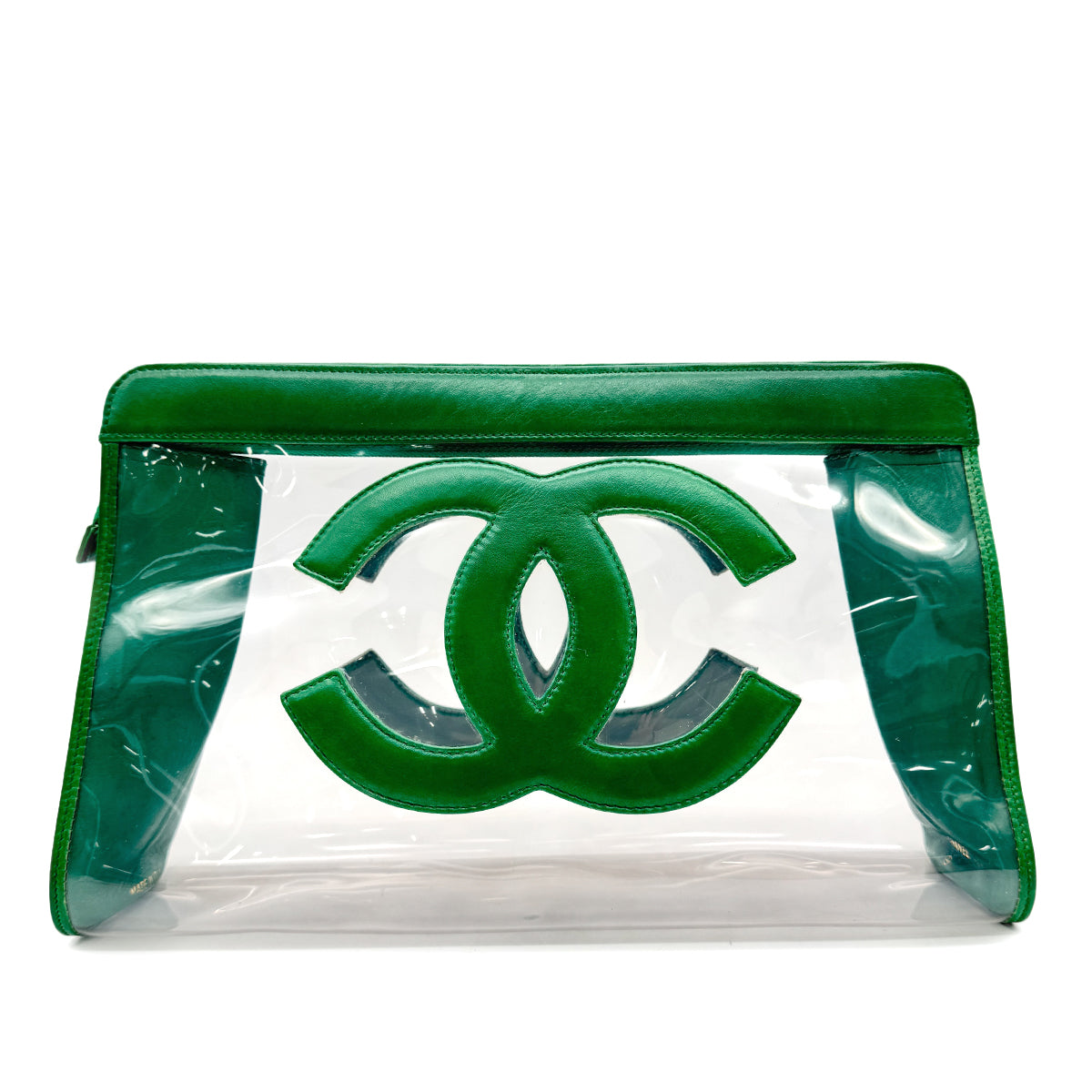 CHANEL VINTAGE BIG COCO CLEAR CLUTCH BAG POUCH GREEN VINYL LAMB SKIN 90296732
