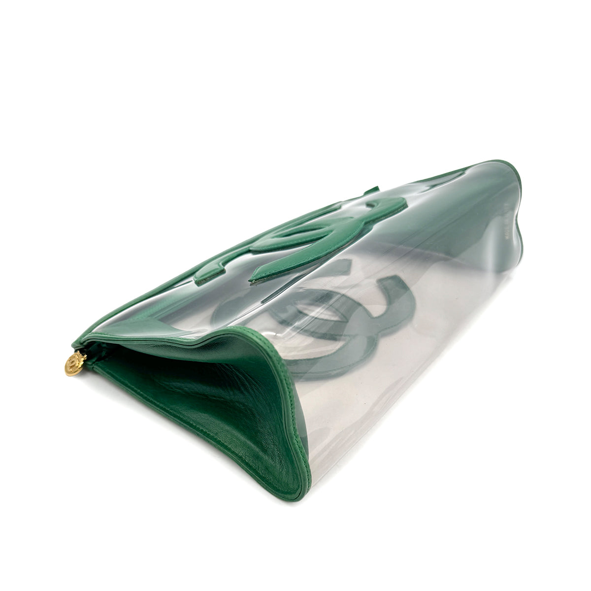 CHANEL VINTAGE BIG COCO CLEAR CLUTCH BAG POUCH GREEN VINYL LAMB SKIN 90296732