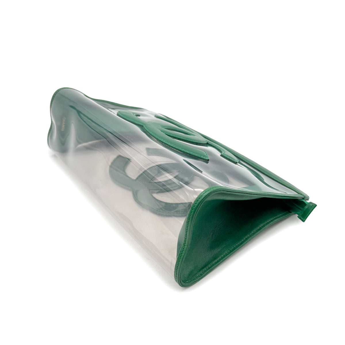 CHANEL VINTAGE BIG COCO CLEAR CLUTCH BAG POUCH GREEN VINYL LAMB SKIN 90296732