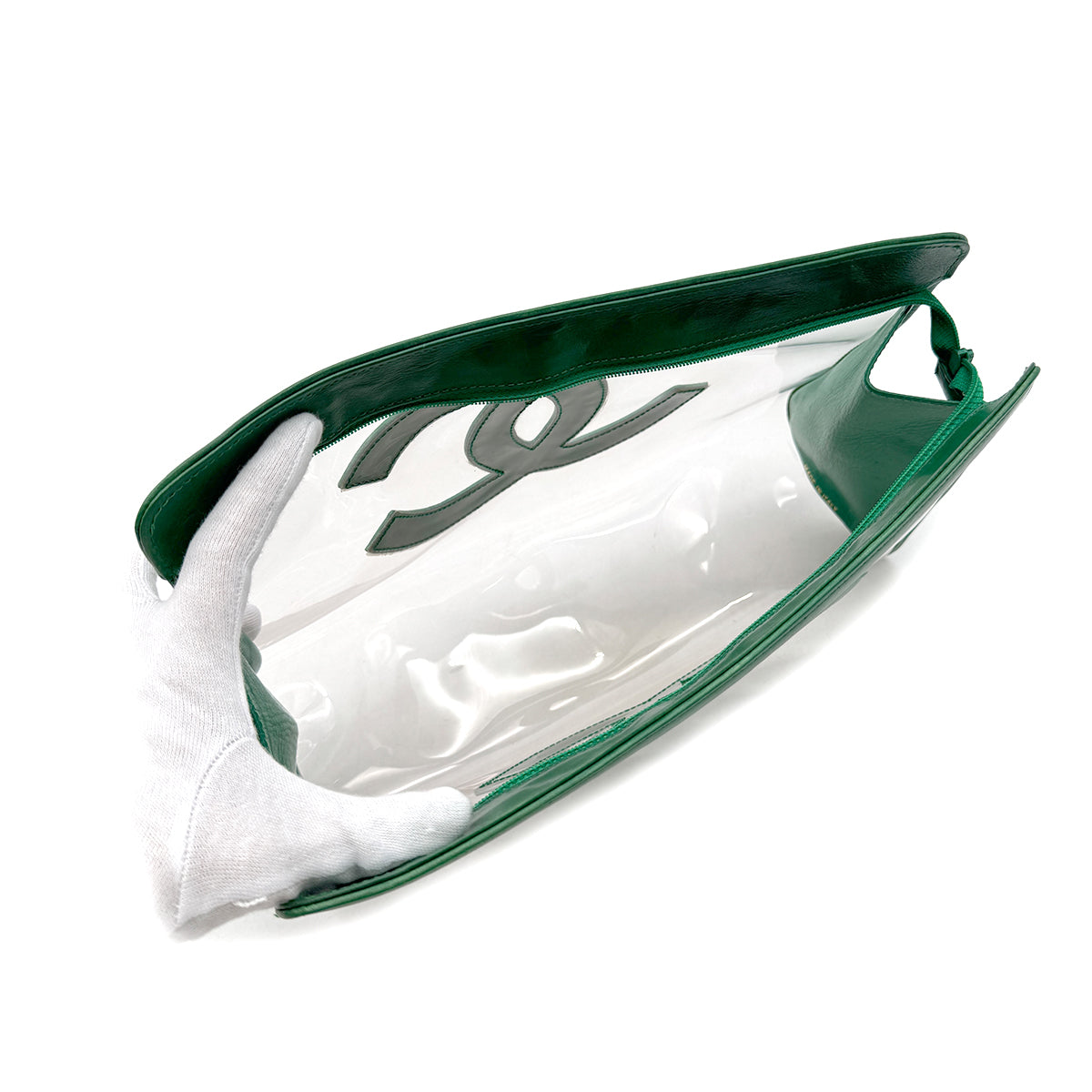 CHANEL VINTAGE BIG COCO CLEAR CLUTCH BAG POUCH GREEN VINYL LAMB SKIN 90296732