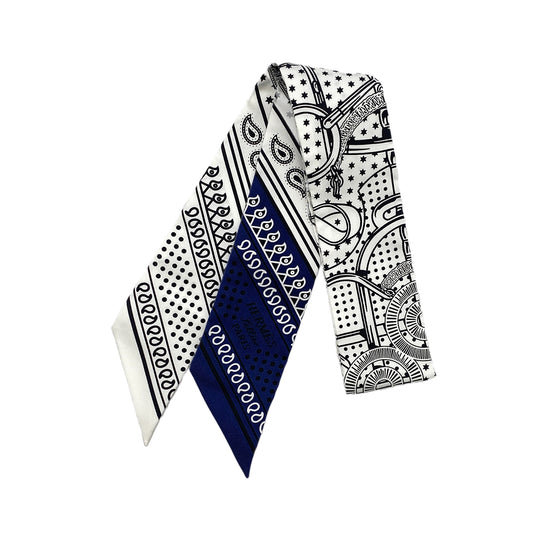 HERMES TWILLY EPERON D'OR SCARF WHITE NAVY BLACK SILK 90296735