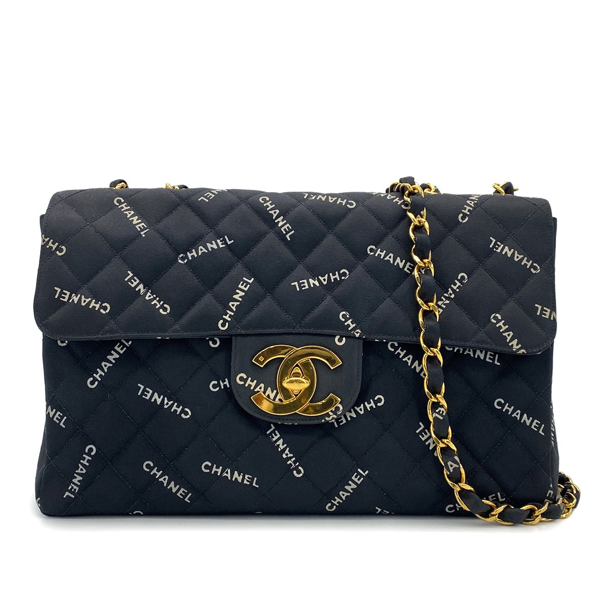 CHANEL VINTAGE MAXI MATELASSE 34 LOGO CHAIN SHOULDER BAG BLACK CANVAS 90297258