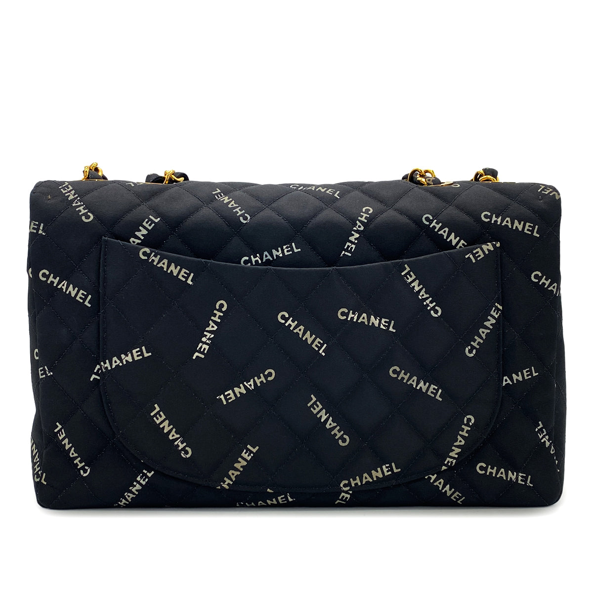 CHANEL VINTAGE MAXI MATELASSE 34 LOGO CHAIN SHOULDER BAG BLACK CANVAS 90297258