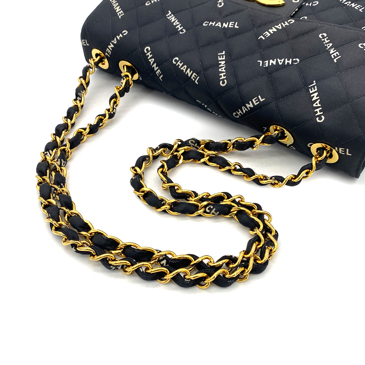 CHANEL VINTAGE MAXI MATELASSE 34 LOGO CHAIN SHOULDER BAG BLACK CANVAS 90297258