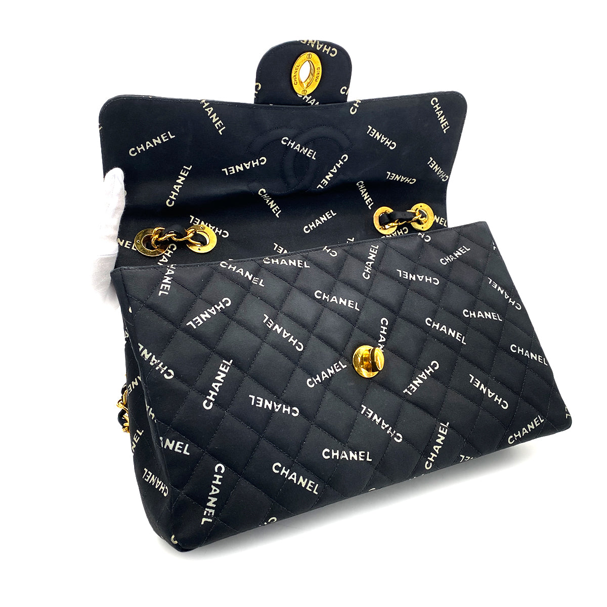 CHANEL VINTAGE MAXI MATELASSE 34 LOGO CHAIN SHOULDER BAG BLACK CANVAS 90297258