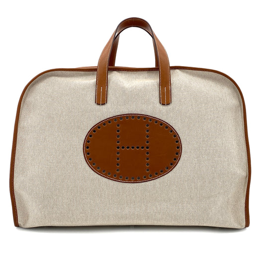 HERMES FEU DOU VOYAGE FAUVE ECRU VEAU BARENIA TOILE H BOSTON BAG □L 90297259