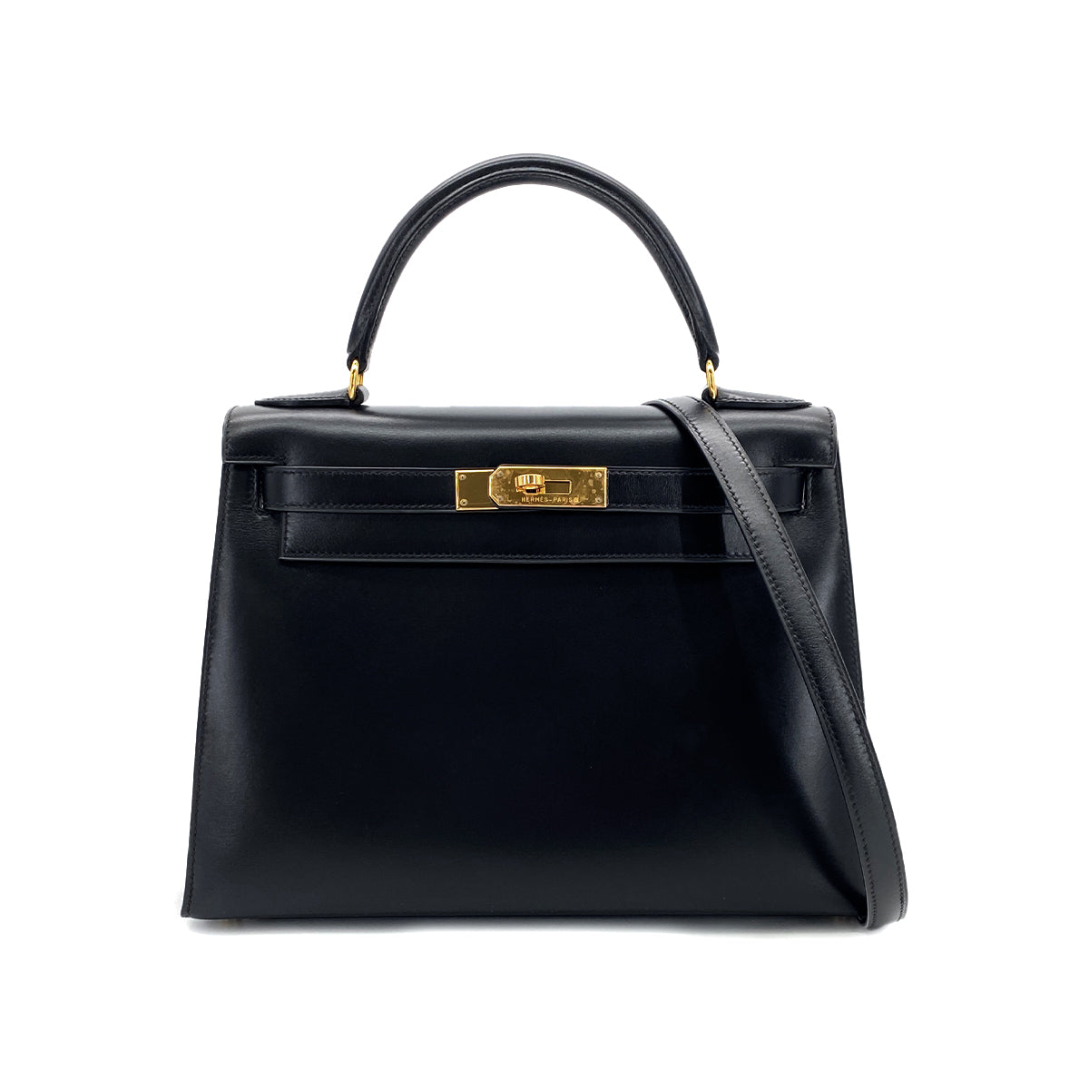HERMES KELLY 28 SELLIER BLACK BOXCALF HAND SHOULDER BAG □A GHW 90297514