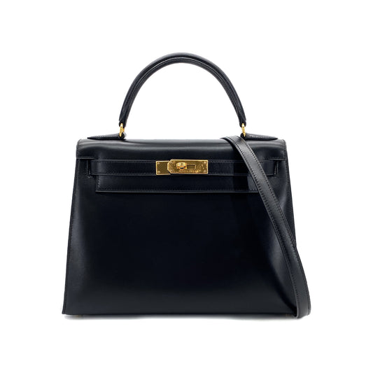 HERMES KELLY 28 SELLIER BLACK BOXCALF HAND SHOULDER BAG □A GHW 90297514