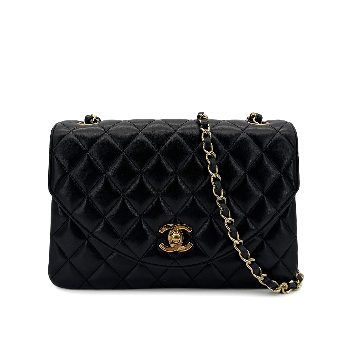 CHANEL VINTAGE MATELASSE HALF MOON CHAIN SHOULDER BAG BLACK LAMB SKIN 90297522