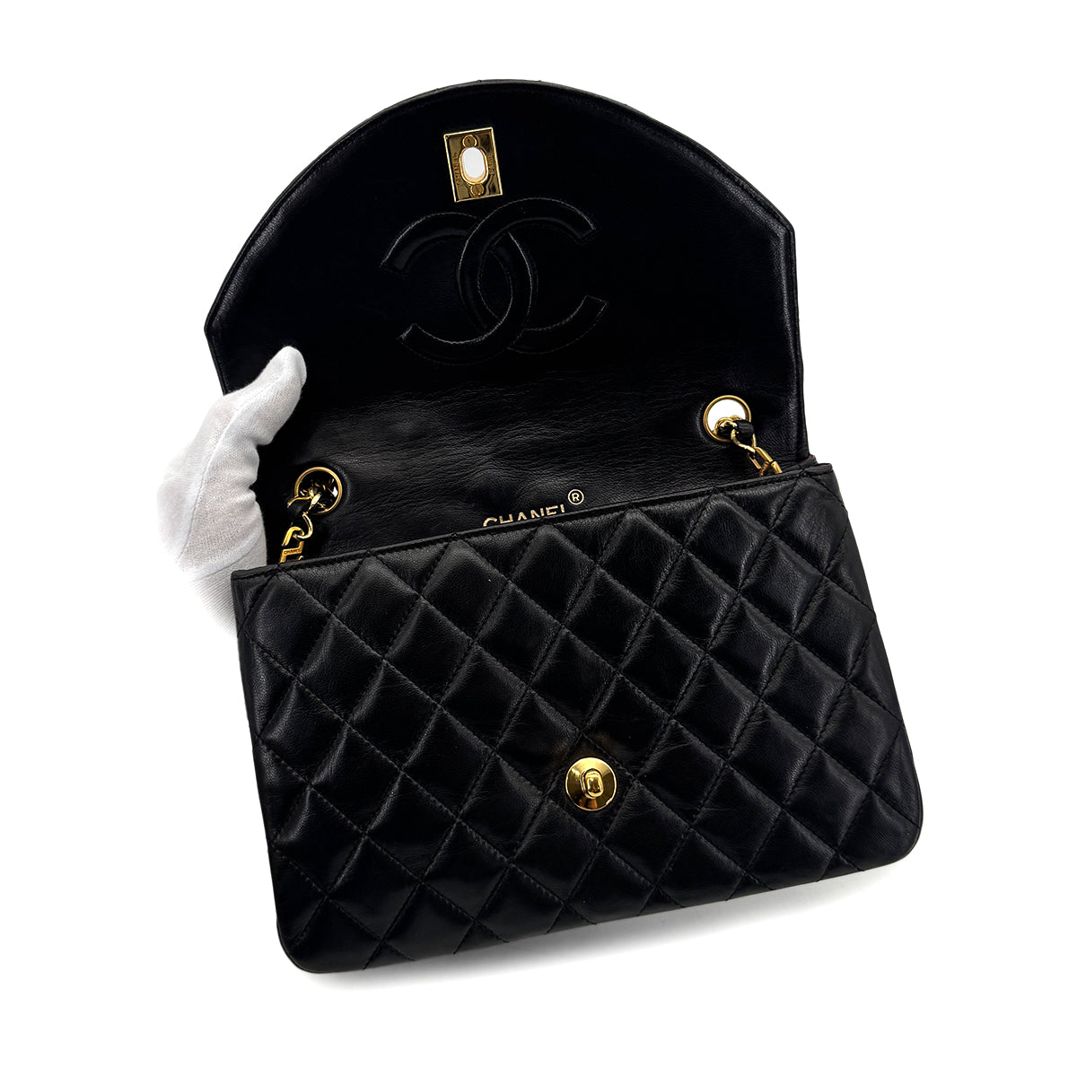 CHANEL VINTAGE MATELASSE HALF MOON CHAIN SHOULDER BAG BLACK LAMB SKIN 90297522