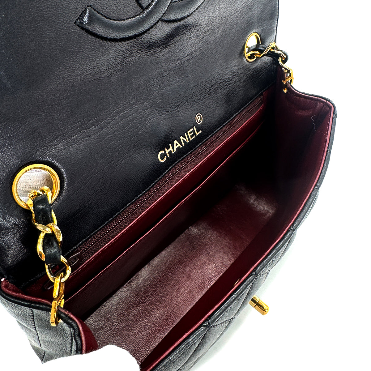 CHANEL VINTAGE MATELASSE HALF MOON CHAIN SHOULDER BAG BLACK LAMB SKIN 90297522