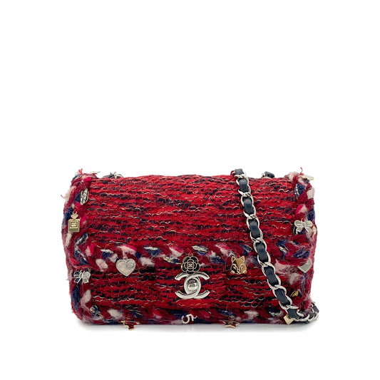 CHANEL MINI MATELASSE 20 BRAIDED CHARM CHAIN SHOULDER BAG RED TWEED 90297533