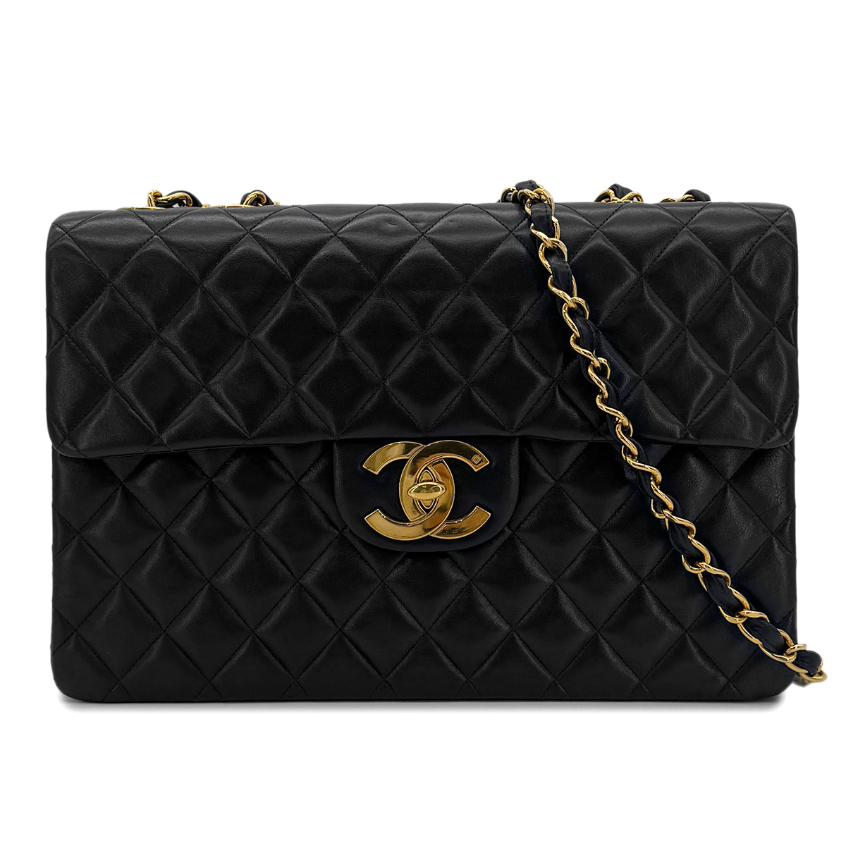 CHANEL VINTAGE MAXI MATELASSE 34 CHAIN SHOULDER BAG BLACK LAMB SKIN 90298163