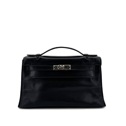 HERMES KELLY POCHETTE SELLIER BLACK EVERGRAIN HAND BAG □H SHW 90298325