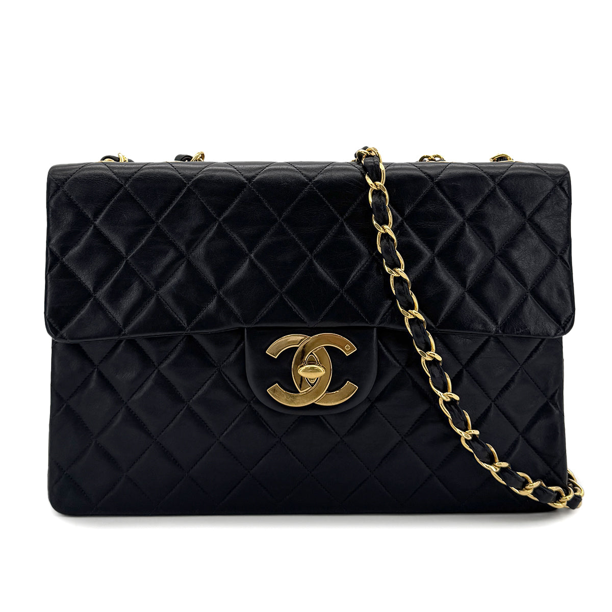 CHANEL VINTAGE MAXI MATELASSE 34 CHAIN SHOULDER BAG BLACK LAMB SKIN 90298330