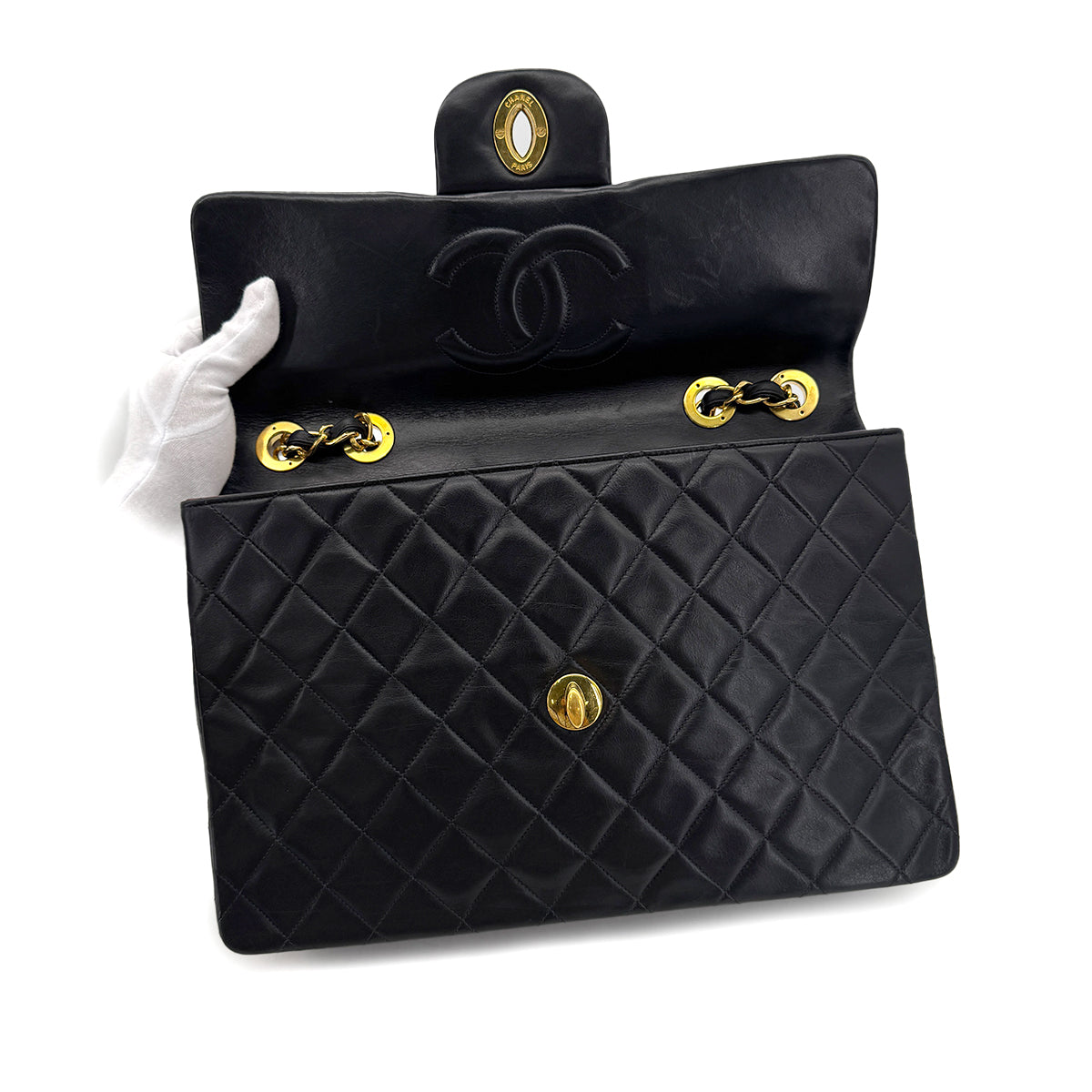 CHANEL VINTAGE MAXI MATELASSE 34 CHAIN SHOULDER BAG BLACK LAMB SKIN 90298330