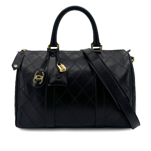 CHANEL VINTAGE BICOLORE BOSTON SHOULDER BAG BLACK LEATHER 90298331