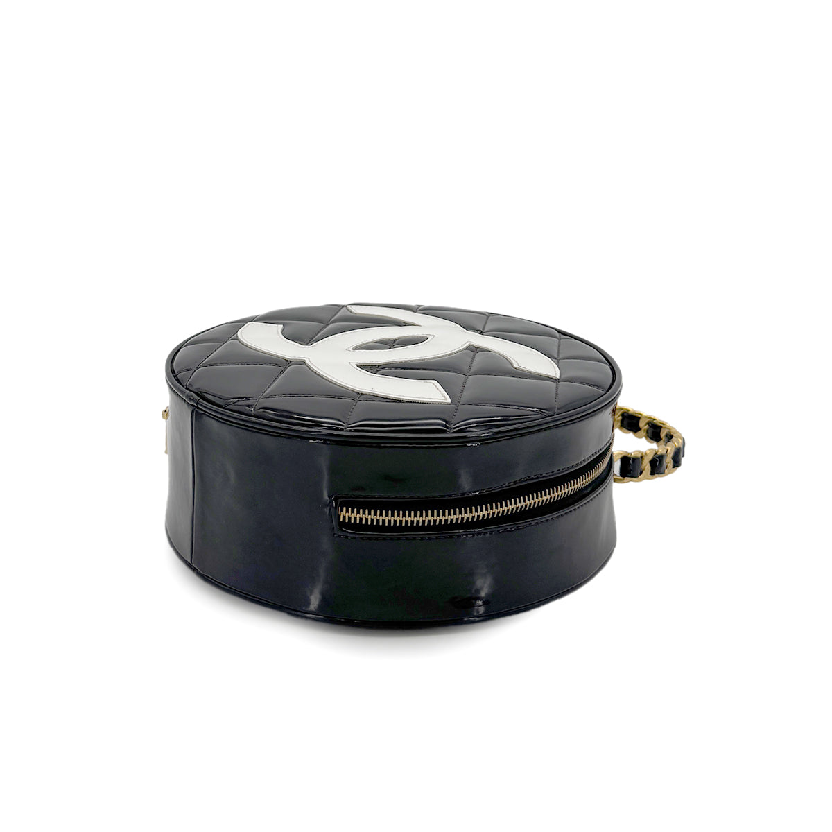 CHANEL VINTAGE ROUND VANITY HAND BAG BLACK ENAMEL 90298334