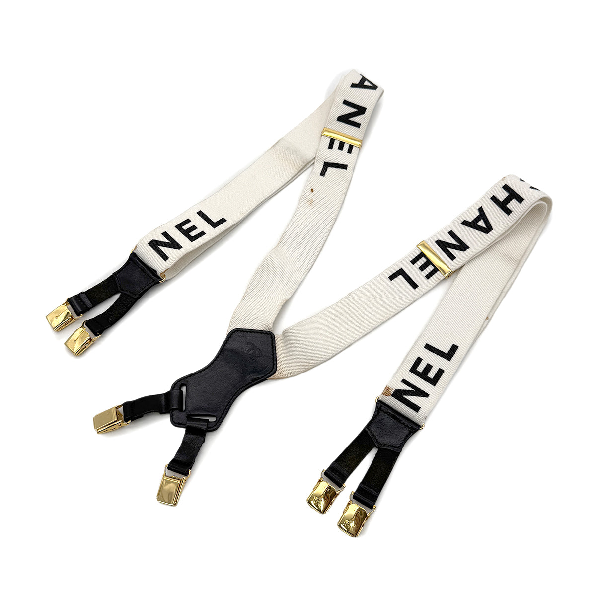 CHANEL VINTAGE SUSPENDER LOGO WHITE BLACK CANVAS LEATHER 90298441