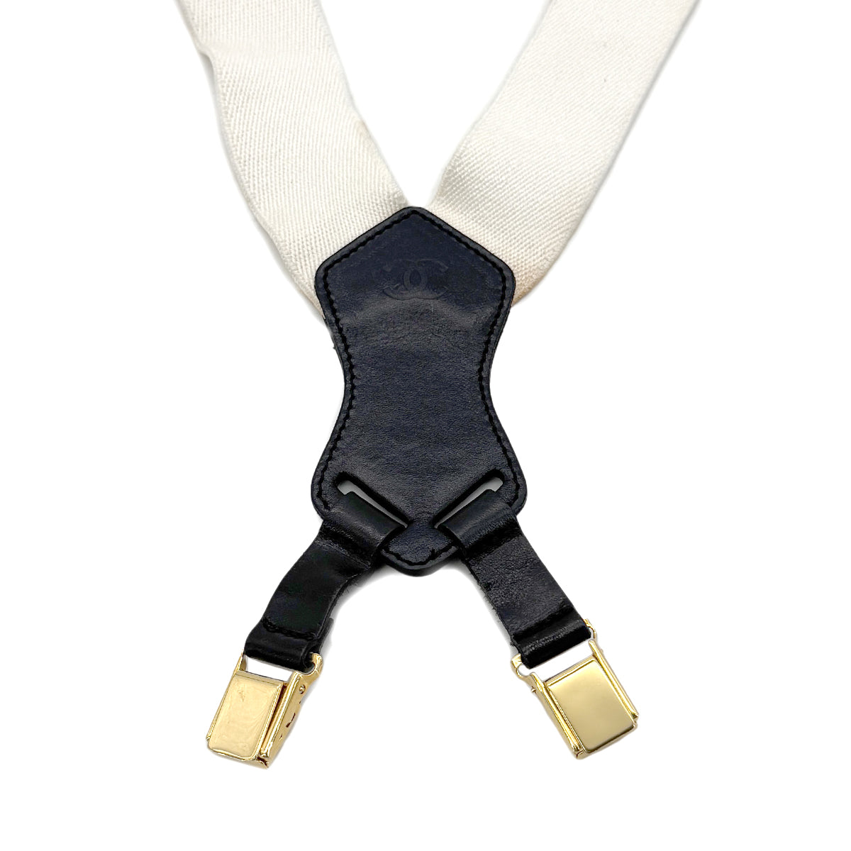 CHANEL VINTAGE SUSPENDER LOGO WHITE BLACK CANVAS LEATHER 90298441