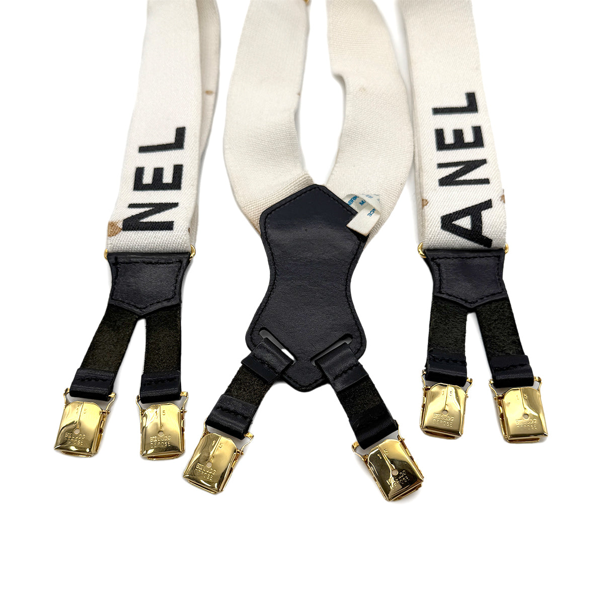 CHANEL VINTAGE SUSPENDER LOGO WHITE BLACK CANVAS LEATHER 90298441
