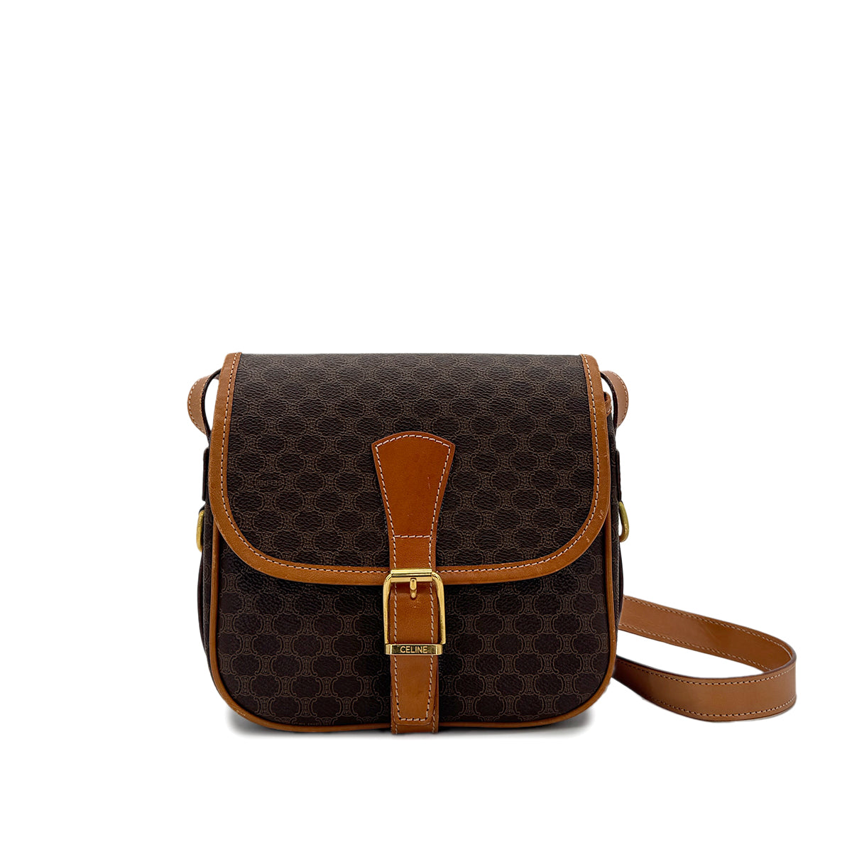 CELINE VINTAGE MACADAM SHOULDER BAG BROWN PVC LEATHER 90298737