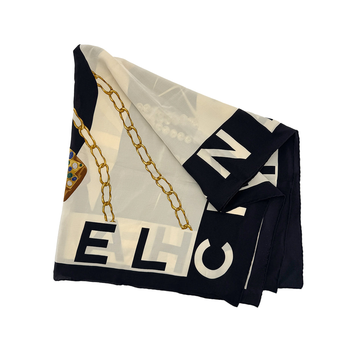 CHANEL VINTAGE SCARF MADEMOISELLE LOGO BLACK WHITE SILK 90298741