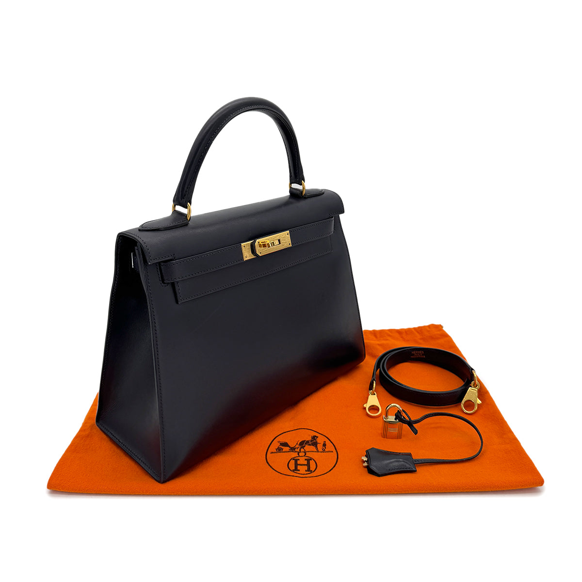 HERMES KELLY 28 SELLIER BLUE MARINE BOXCALF HAND SHOULDER BAG □B GHW 90299052