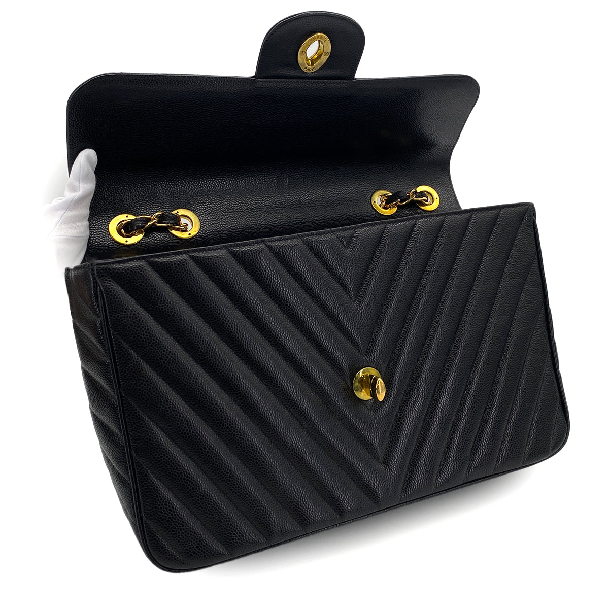 CHANEL VINTAGE MAXI CHEVRON CHAIN SHOULDER BAG BLACK CAVIAR SKIN 90299091