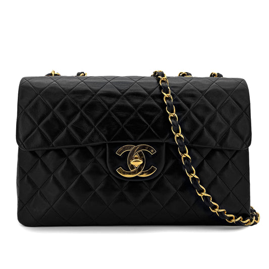 CHANEL VINTAGE MAXI MATELASSE 34 CHAIN SHOULDER BAG BLACK LAMB SKIN 90299307