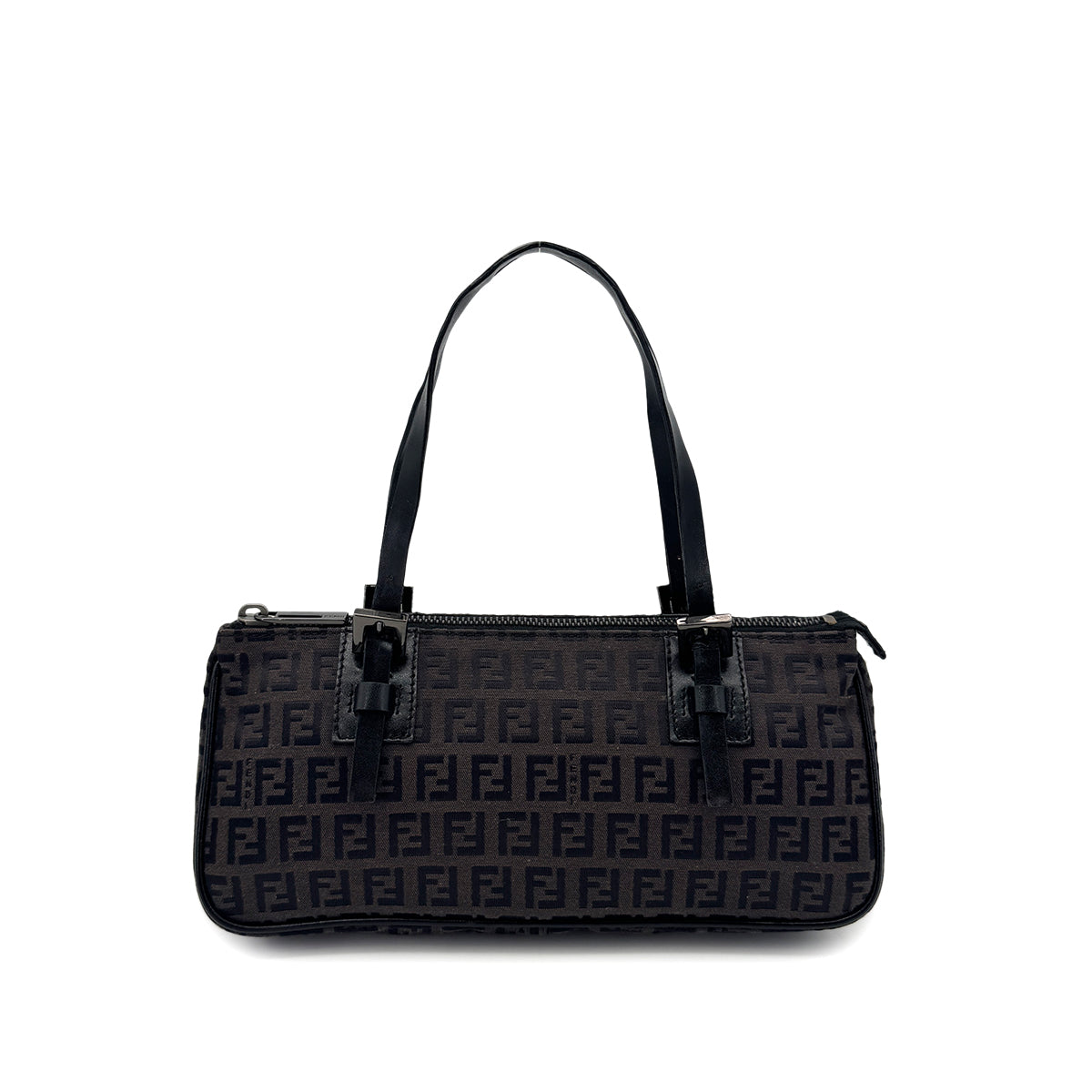 FENDI ZUCCHINO HAND BAG DARK BROWN BLACK CANVAS LEATHER 90299316