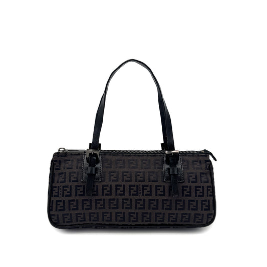 FENDI ZUCCHINO HAND BAG DARK BROWN BLACK CANVAS LEATHER 90299316