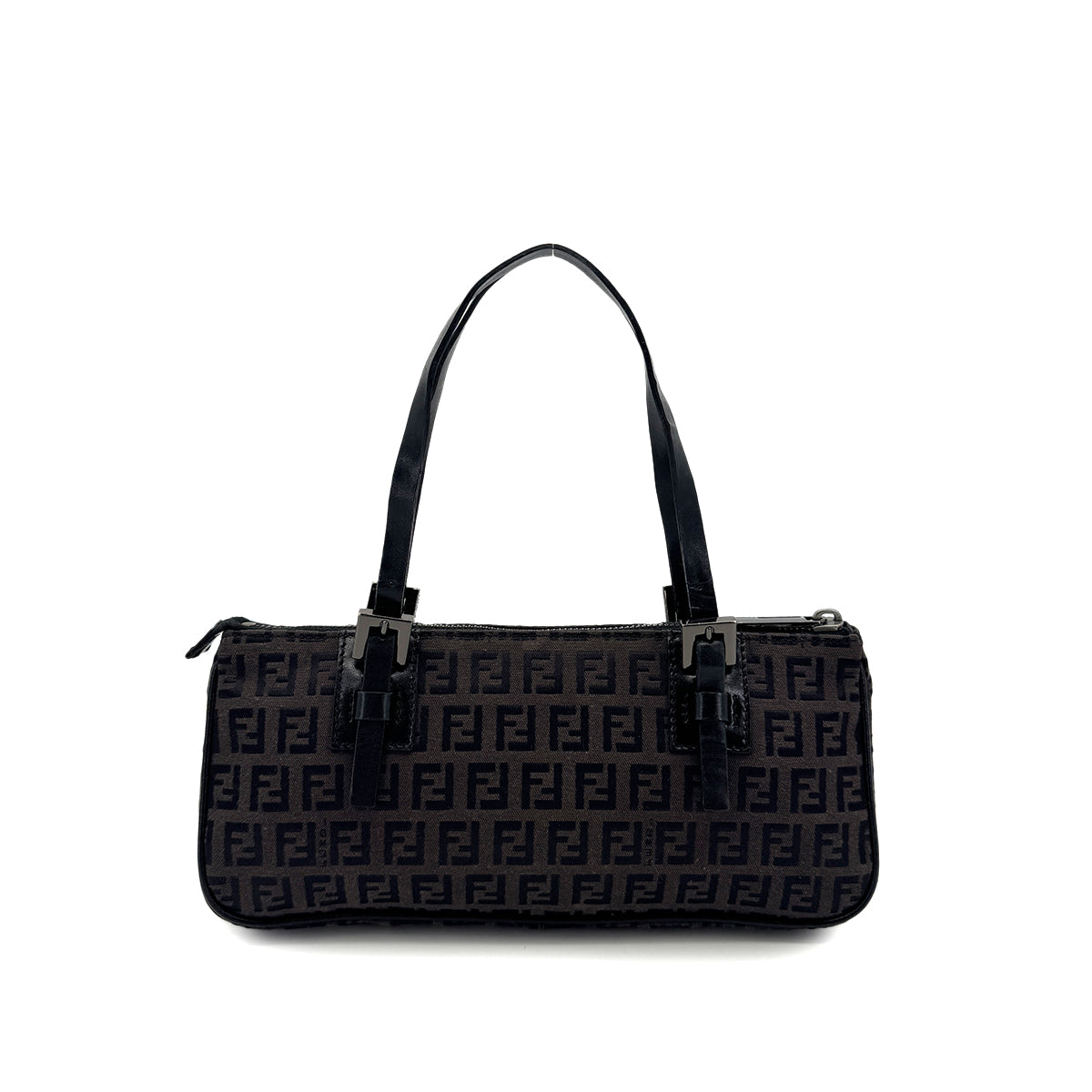 FENDI ZUCCHINO HAND BAG DARK BROWN BLACK CANVAS LEATHER 90299316