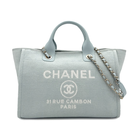 CHANEL DEAUVILLE SMALL CHAIN TOTE BAG LIGHT BLUE CANVAS LEATHER 90299536