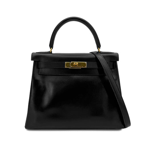 HERMES KELLY 28 RETOURNE BLACK BOXCALF HAND SHOULDER BAG □B GHW 90299703