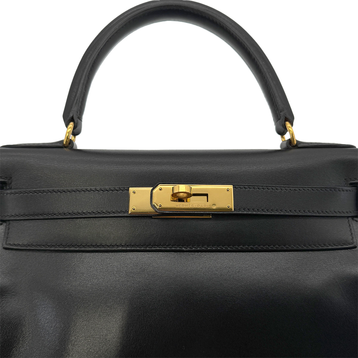 HERMES KELLY 28 RETOURNE BLACK BOXCALF HAND SHOULDER BAG □B GHW 90299703