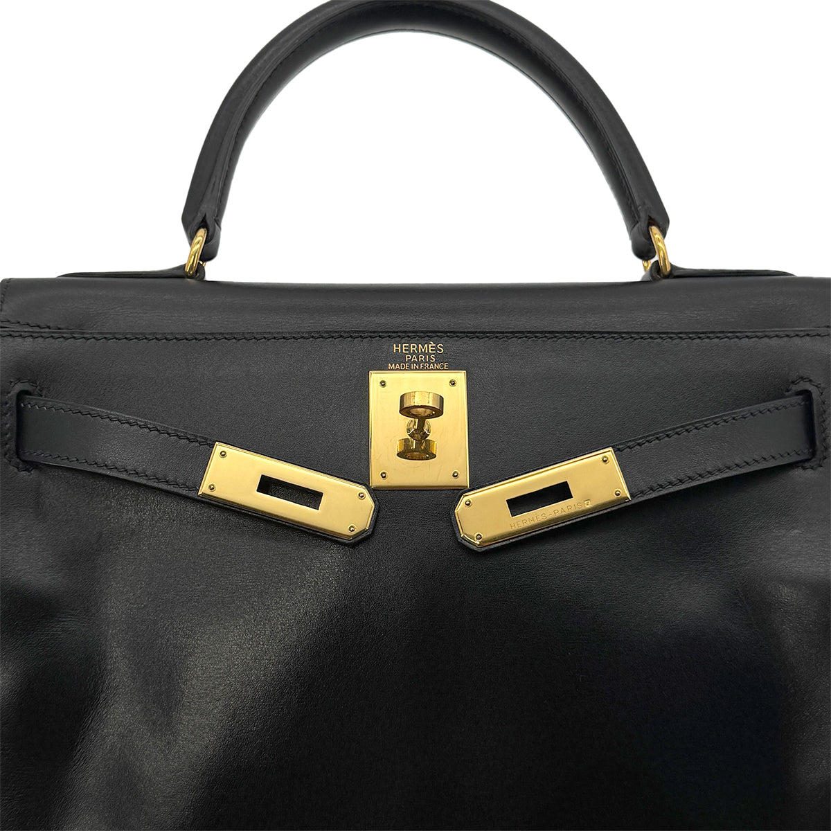 HERMES KELLY 28 RETOURNE BLACK BOXCALF HAND SHOULDER BAG □B GHW 90299703