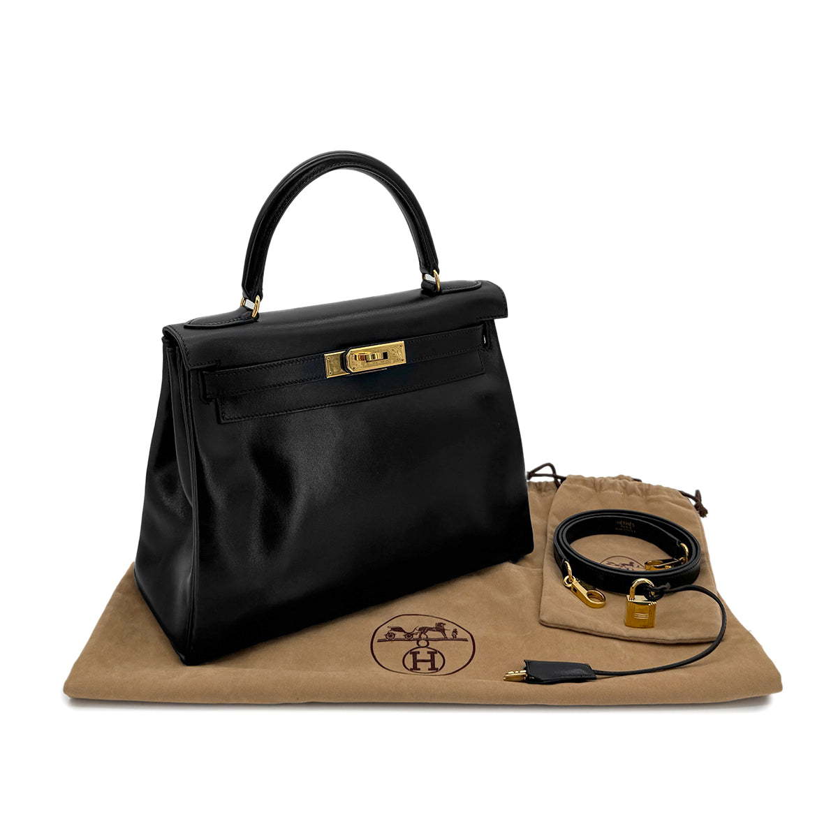 HERMES KELLY 28 RETOURNE BLACK BOXCALF HAND SHOULDER BAG □B GHW 90299703