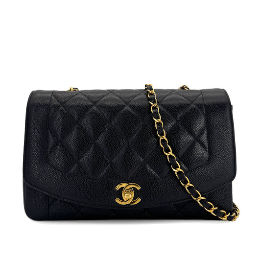 CHANEL VINTAGE DIANA MEDIUM CHAIN SHOULDER BAG BLACK CAVIR SKIN 90299801