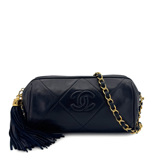CHANEL VINTAGE FRINGE SHOULDER BAG NAVY LAMB SKIN 90300005
