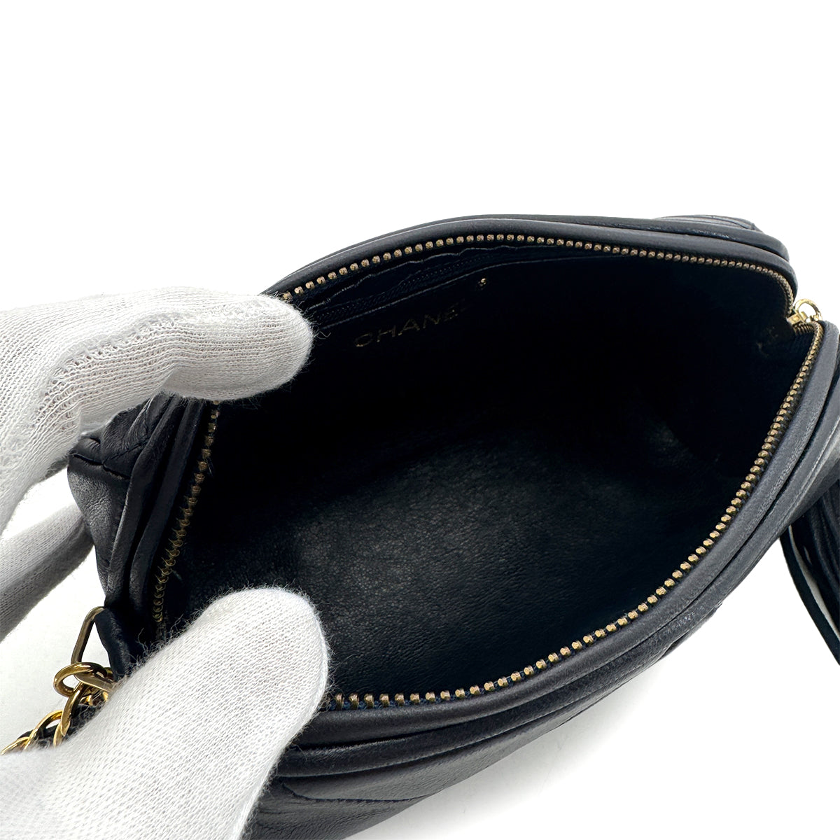 CHANEL VINTAGE FRINGE SHOULDER BAG NAVY LAMB SKIN 90300005