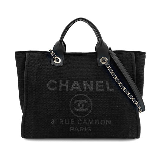 CHANEL DEAUVILLE SMALL CHAIN TOTE BAG BLACK CANVAS LEATHER 90300006