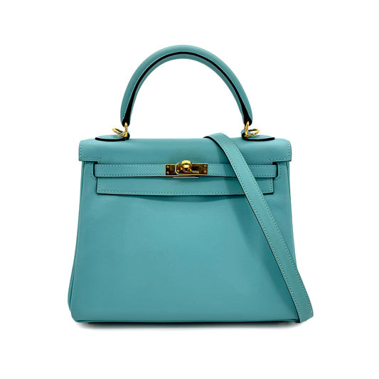 HERMES KELLY 25 RETOURNE BLUE SAINT CYR SWIFT HAND SHOULDER BAG T GHW 90300009