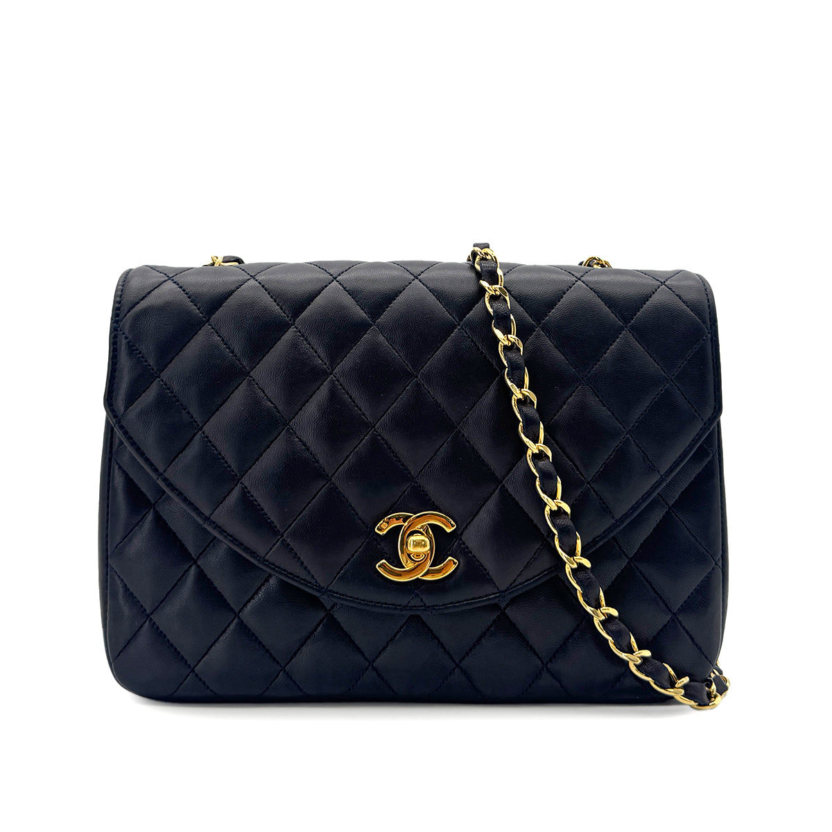 CHANEL VINTAGE MATELASSE HALF MOON CHAIN SHOULDER BAG NAVY LAMB SKIN 90300010