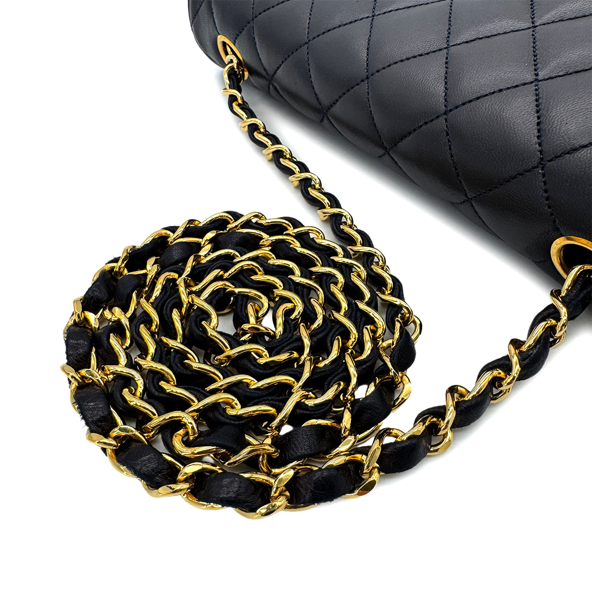 CHANEL VINTAGE MATELASSE HALF MOON CHAIN SHOULDER BAG NAVY LAMB SKIN 90300010